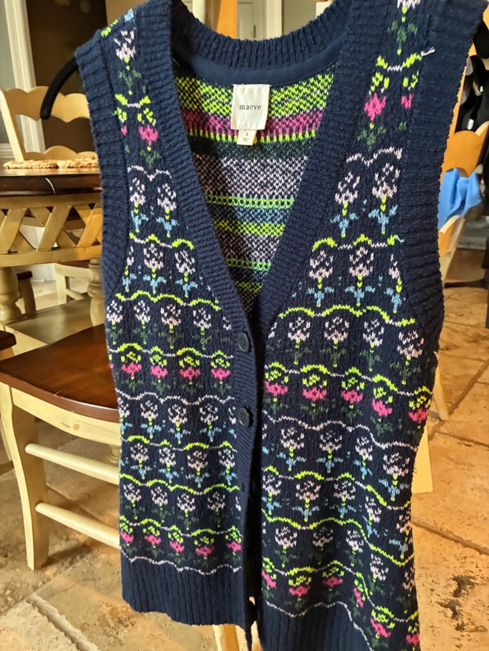 Maeve Navy Floral Fair Isle Knit Button Vest